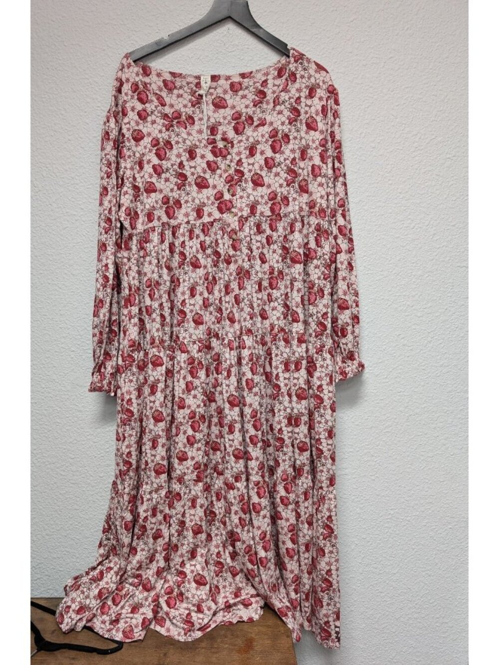 Kate Quinn Bamboo Pink Strawberry Floral Long Sleeve Prairie Dress XXL Women's